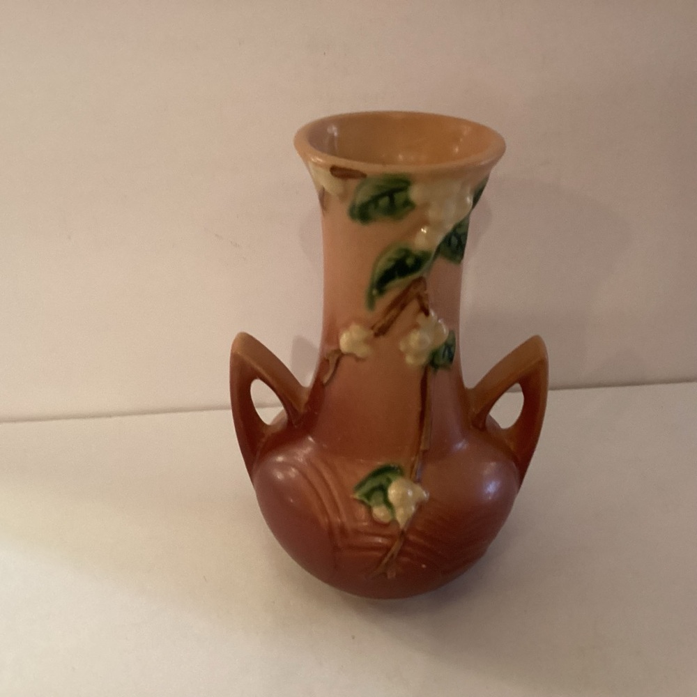 Vintage Roseville Pink Snowberry Double Handled Vase 7”